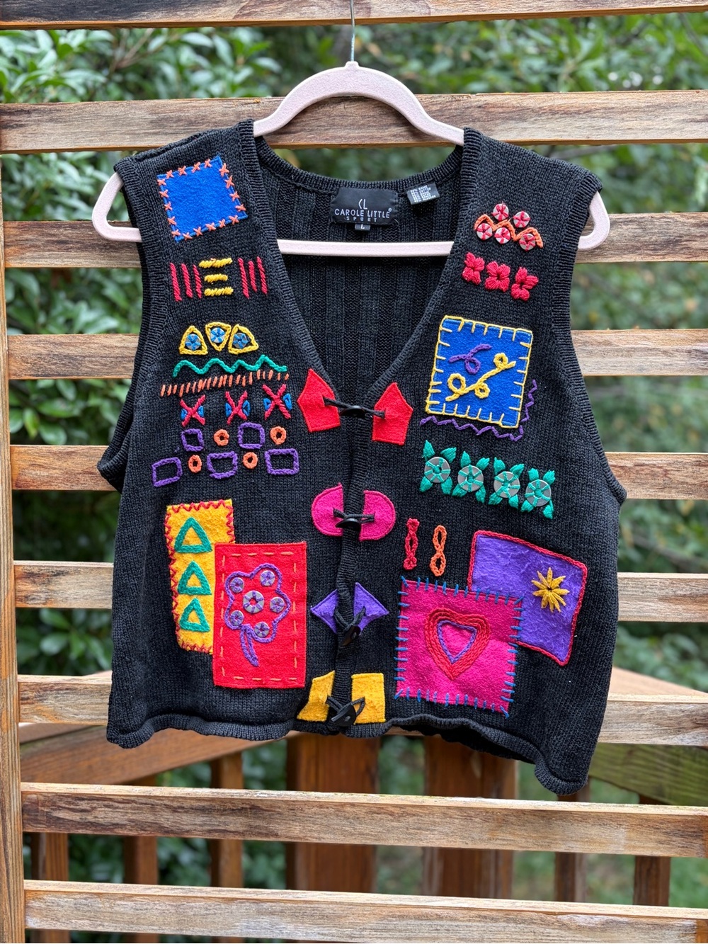 Vintage 90s Carole Little Patchwork Sweater Vest Black Embroidered Abstract Art